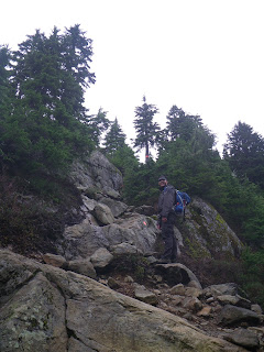 A photo of one person on bare rock with trees in the background. There are two orange trail markers, one on the rock and one on a tree farther along.