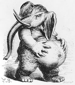 An early 1800s pen and ink sketch of a bipedal demon. It has the head, legs, and tail of elephant and the torso and arms of a a human. The demon is clutching its large, bloated belly with clawed hand and looking over its right shoulder.