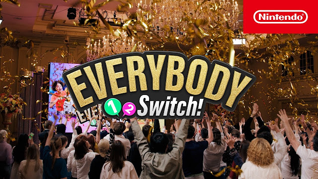 Foto com o logotipo de Everybody 1-2-Switch, o logotipo da Nintendo e pessoas comemorando em um saguão, com papeis dourados caindo sobre elas.