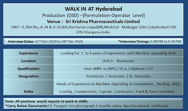 Sri Krishna Pharma | Walk-in interview for Production on 22nd to 26th Dec 2020