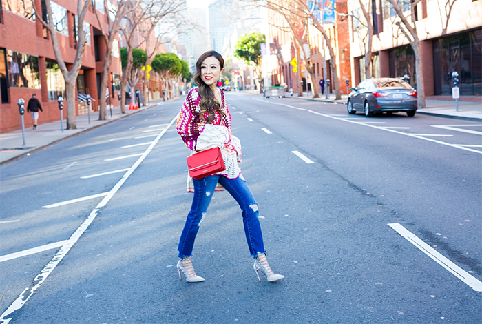 free people call me crochet sweater, cami, baublebar earrings, strathberry east west bag, blanknyc distressed jeans, aquazzura lace up heels, spring style, san francisco street style, san francisco fashion blog