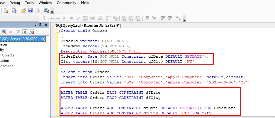 default constraint in sql