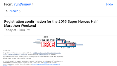 Registration confirmation for Avengers Half Marathon running race