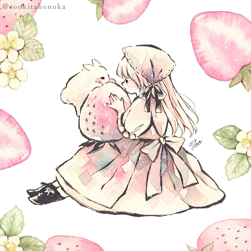 女の子と苺とうさぎのピンクの水彩アナログイラスト メイキング 手描きのかわいい絵 遠北ほのかのイラストサイト
