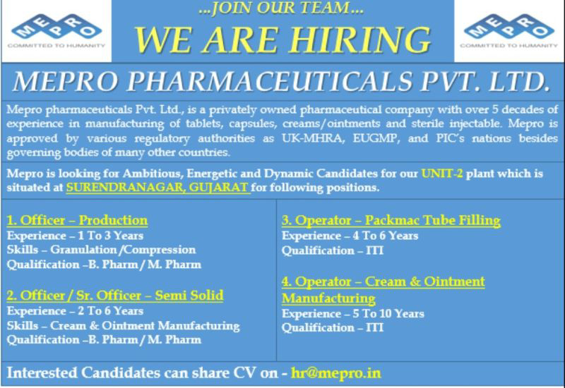 Job Available's for Mepro pharmaceuticals Pvt Ltd Job Vacancy for B Pharm/ M Pharm/ ITI