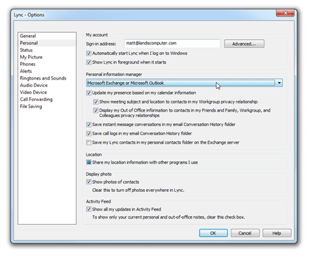 Lync Options Personal