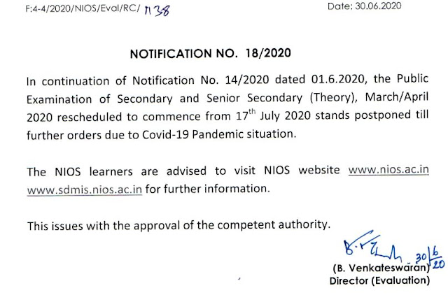 NIOS LATEST NOTIFICATION REGARDING CANCELLED EXAMS 2020