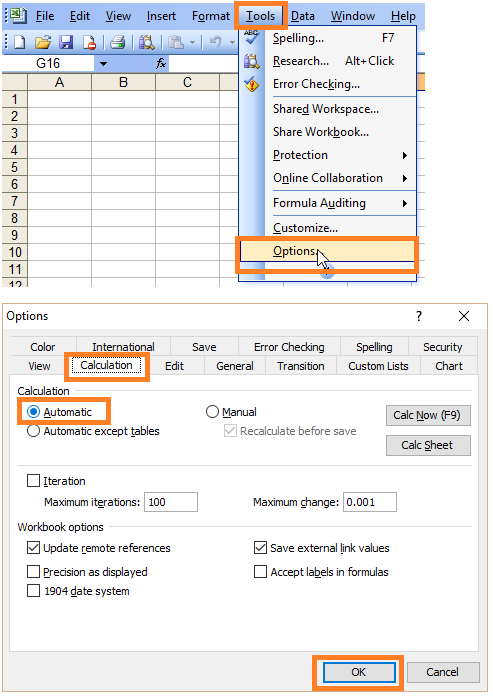 Calculation Setting Excel 2003