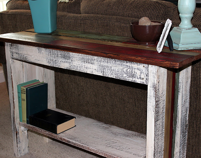 reclaimed salvaged wood sofa table http://bec4-beyondthepicketfence.blogspot.com/2011/10/scrappy-sofa-table.html