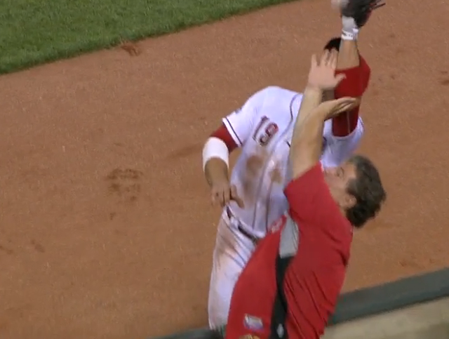 Fan interferes with Joey Votto foul ball