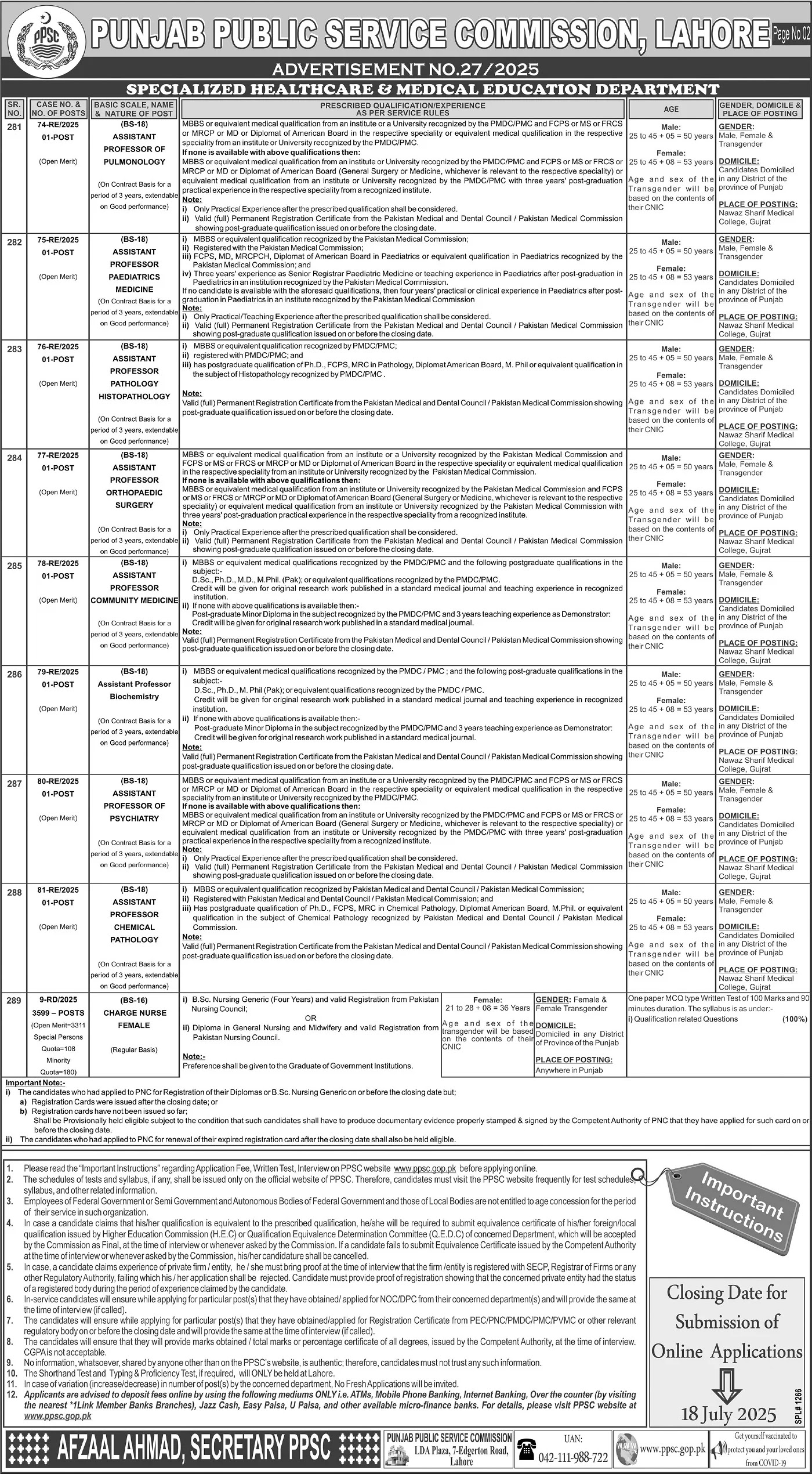 Punjab Public Service Commission (PPSC) Charge Nurse (Female) – 3599 Posts Advertisement No. 27/2025