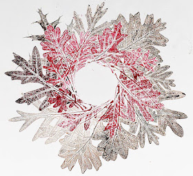 Autumn Oak Leaf Wreath Monoprint by Jeanne Selep
