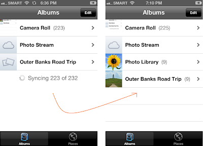 Photos synced to an iPhone via iTunes appear in the Photos app organized into albums.