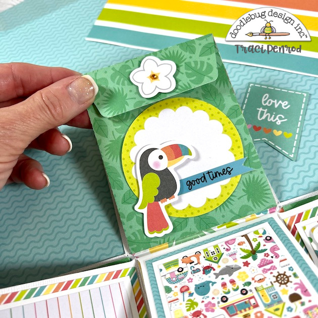 Beach Scrapbook Album page with envelope and toucan bird