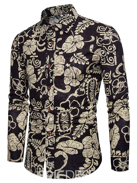  Men's Patchwork Floral Print Lapel Slim Fit Pasiley Shirt