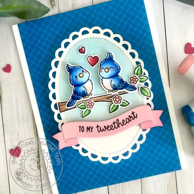 Sunny Studio Stamps: Love Birds Card by Tammy Stark (featuring Brilliant Banner Dies, Scalloped Oval Dies)