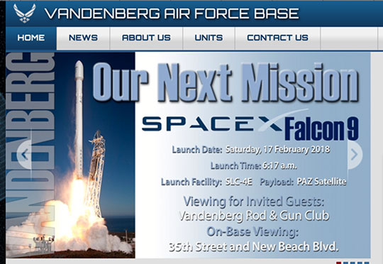 Webpage showing wrong date for Falcon 9 launch, but some viewing locations (Source: www.vandenberg.af.mil)