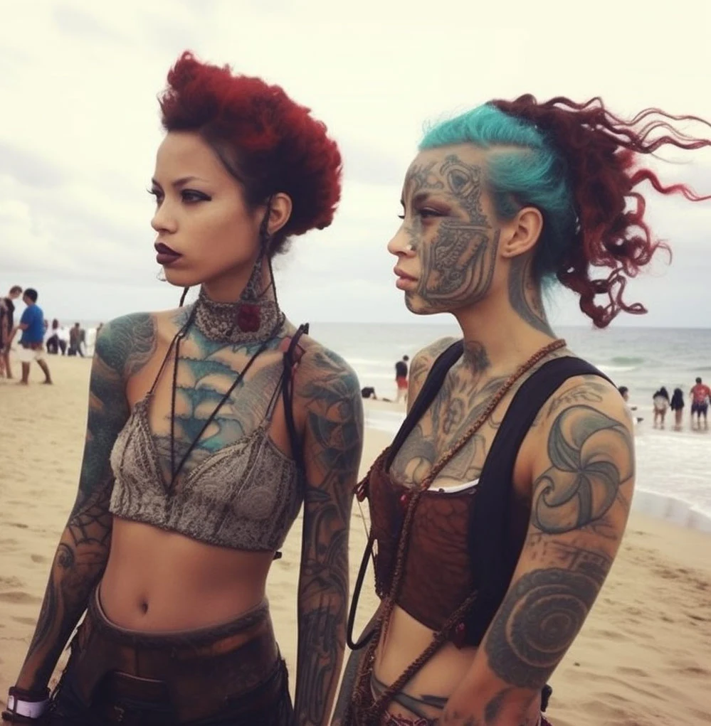 Dos mujeres de piel cobriza, parecen polinesias o latinas, muy hermosas, posan de pie en la playa y en bikini. Lucen en su cuerpo distintos tipos de tatuajes tribales