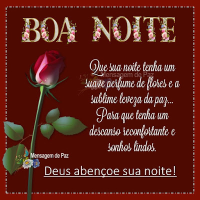 Que sua noite tenha um suave perfume de flores  e a sublime leveza da paz... Para que tenha um descanso  reconfortante e sonhos lindos. Deus abençoe sua noite! Boa Noite!