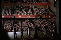 Actors take a curtain call for the audience after a performance at the Royal Shakespeare Theatre in William Shakespeare's birthplace of Stratford-upon-Avon, England. 1963