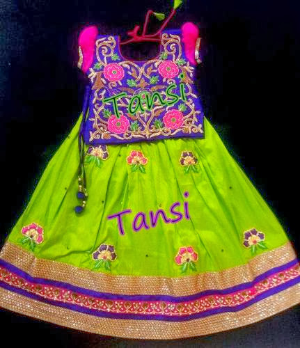 Floral Work Parrot Green Kids Lehenga