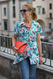 Kenzo flower print, Oakley mirror sunglasses, Zara orange clutch, Fashion and Cookies, fashion blog