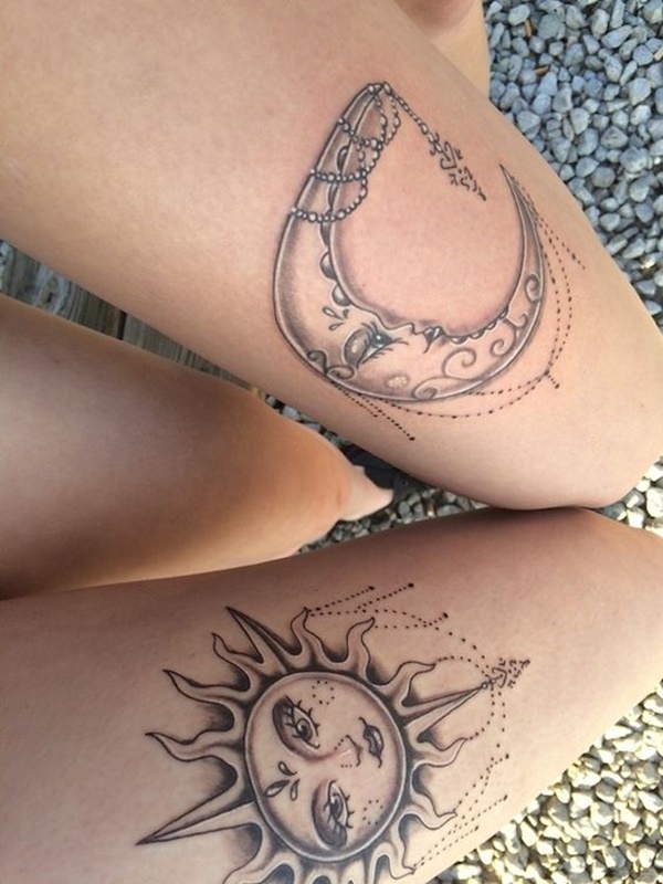 O sol e a lua são acentuados com contas penduradas.