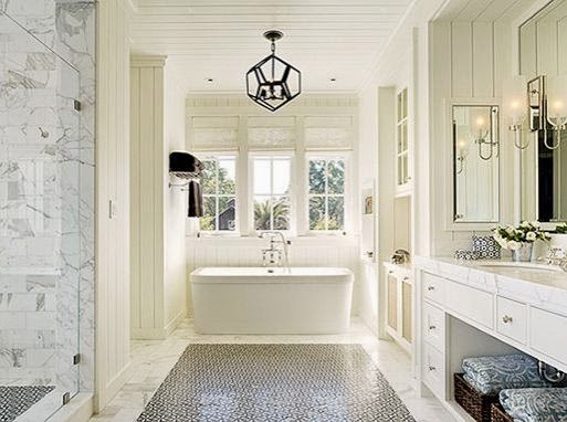 gray and white tile master bathroom