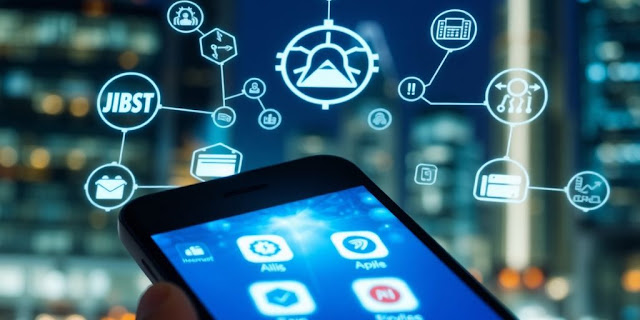 Smartphone with AI apps against a blurred city background.