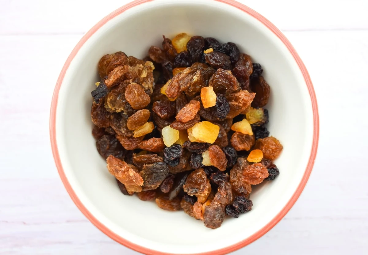 a bowl of mixed dried fruit.