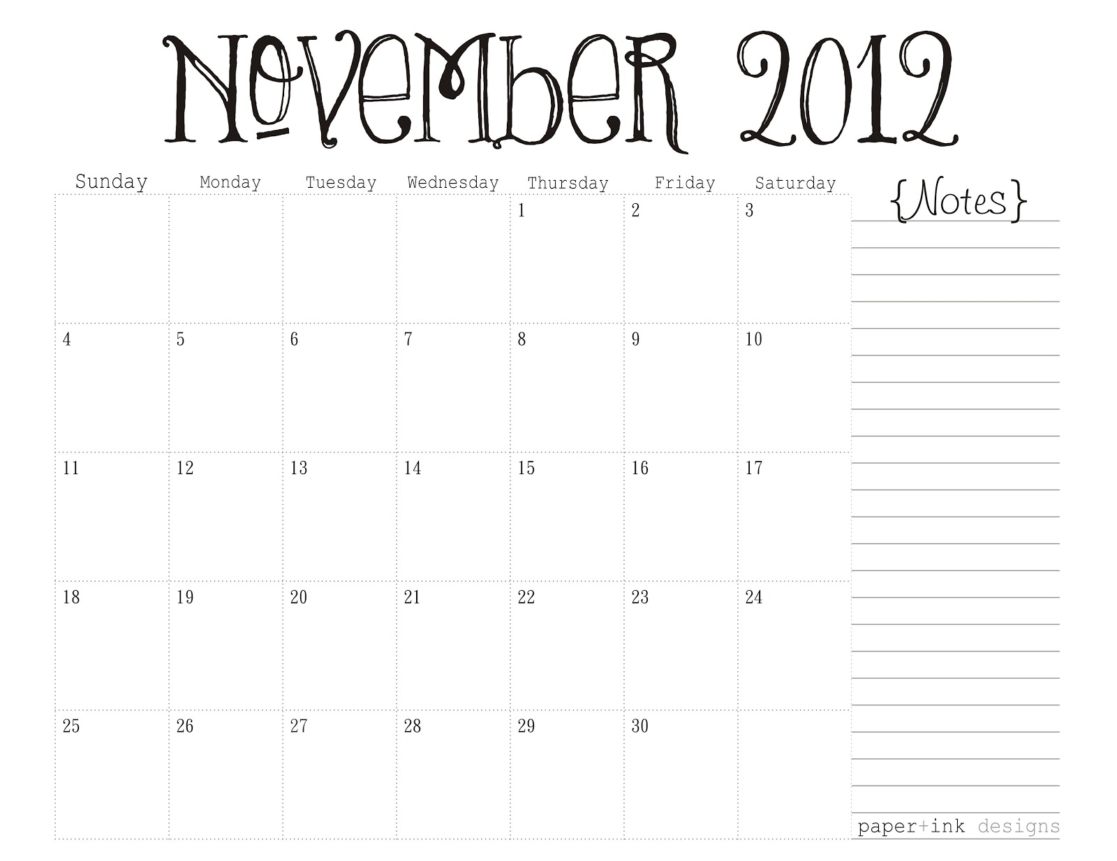 Free Printable Calendars November 2012