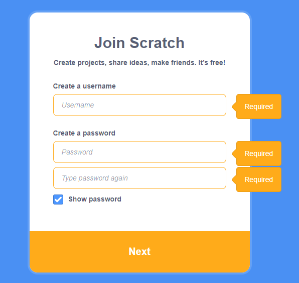 Scratch registration.Create username and password
