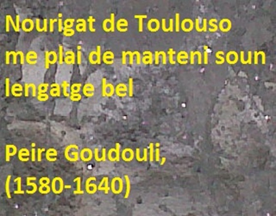 Peire Goudouli estatua de Tolosa qu'amaga la frasa famosa