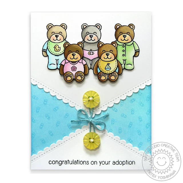 Sunny Studio Stamps: Baby Bear & Fishtail Banners Adoption Card by Mendi Yoshikawa