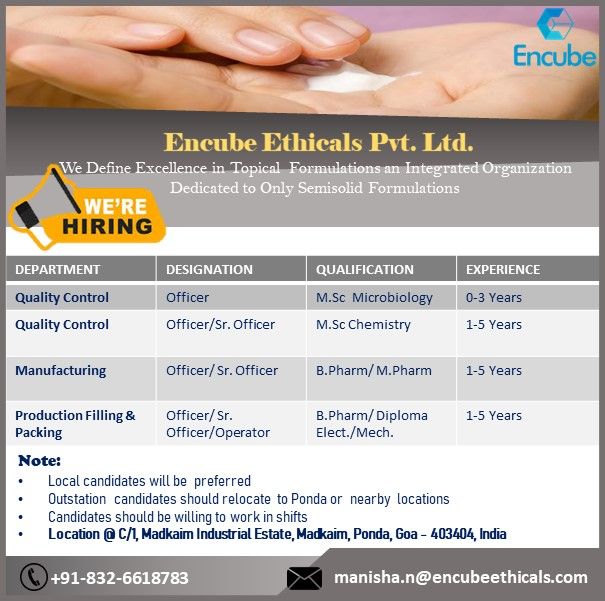 Encube Ethicals Hiring For Quality Control/ Manufacturing/ Production Filling & Packing