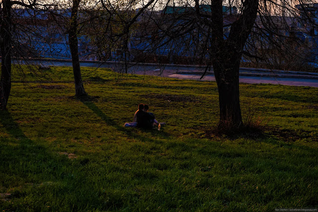 Влюбленная парочка на газоне под деревьями любуются закатом