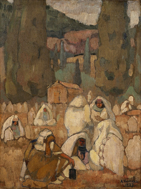  Musulmanes au cimetière, 1927 - Abdelhalim Hemche (Algérien 1908-1979) - Huile sur panneau - 31x41cm