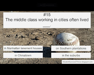 The middle class working in cities often lived ___. Answer choices include: in Manhattan tenement houses, on Southern plantations, in Chinatown, in the suburbs