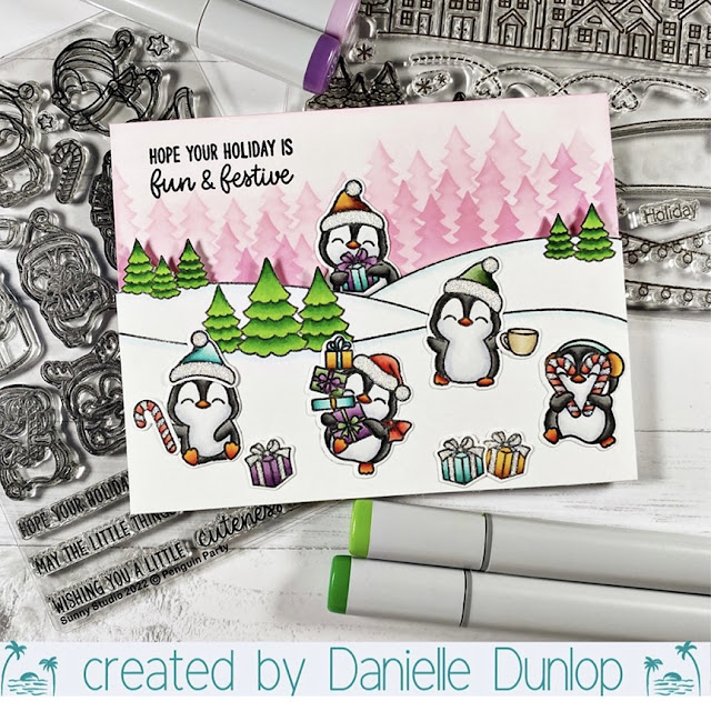 Sunny Studio Stamps: Penguin Party, Scenic Route Holiday Card by Danielle Dunlop