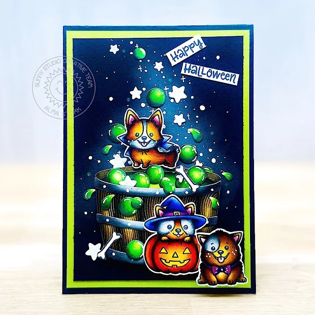 Sunny Studio Stamps: Happy Howl-o-ween Card by Alma Stork (featuring Basic Mini Shapes, Wood Barrel Dies)