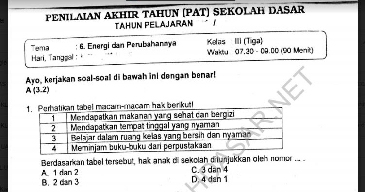 Soal Ulangan Semester 2 Kelas 3 Tema 6 Energi Dan Perubahannya Sekolahdasar Net