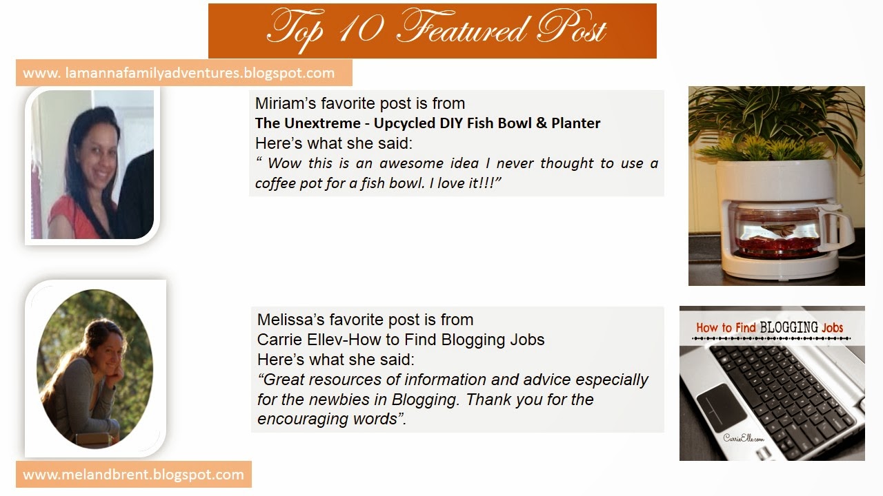 Top 10 Post Features. Miriam picked Upcycled DIY Fish Bowl & Planter. Melissa picked How to find Blogging Jobs.