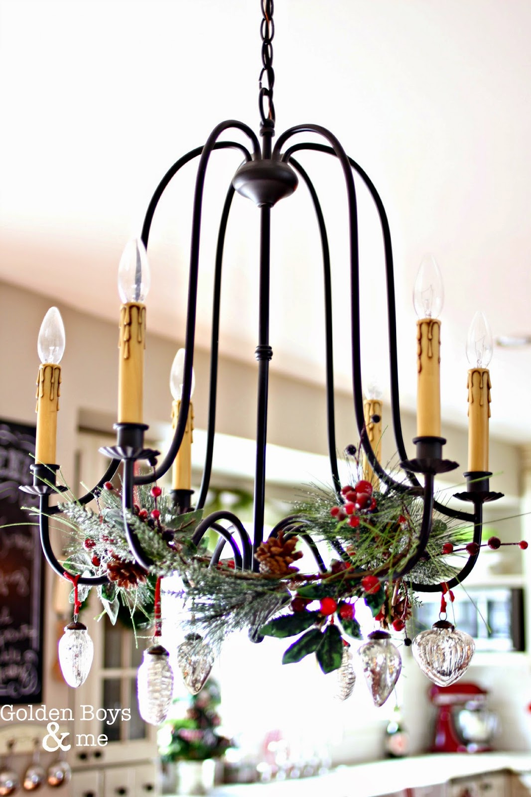 World Imports Brondy chandelier with mercury glass ornaments-www.goldenboysandme.com