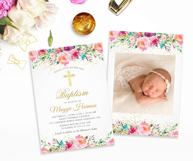  Beautiful Pink Gold Floral Girl Baptism Photo Invitation