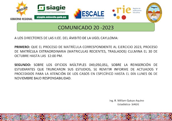 COMUNICADO 20-2023 PROCESO DE MATRICULAS 2023 E INFORME DE ACTUADOS