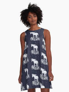 Unicorn dress, feautirng white unicorns on a dark navy background A-line dress.