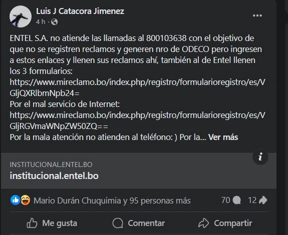 Muchos usuarios de Bolivia se quejan del Internet de Entel hoy lunes 22 de abril