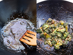Broccoli with garlic sauce in vok close