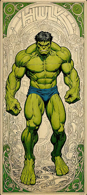 Door AI gegenereerde afbeelding van de Hulk. Afbeelding in de Art Nouveau-stijl van Jan Toorop.