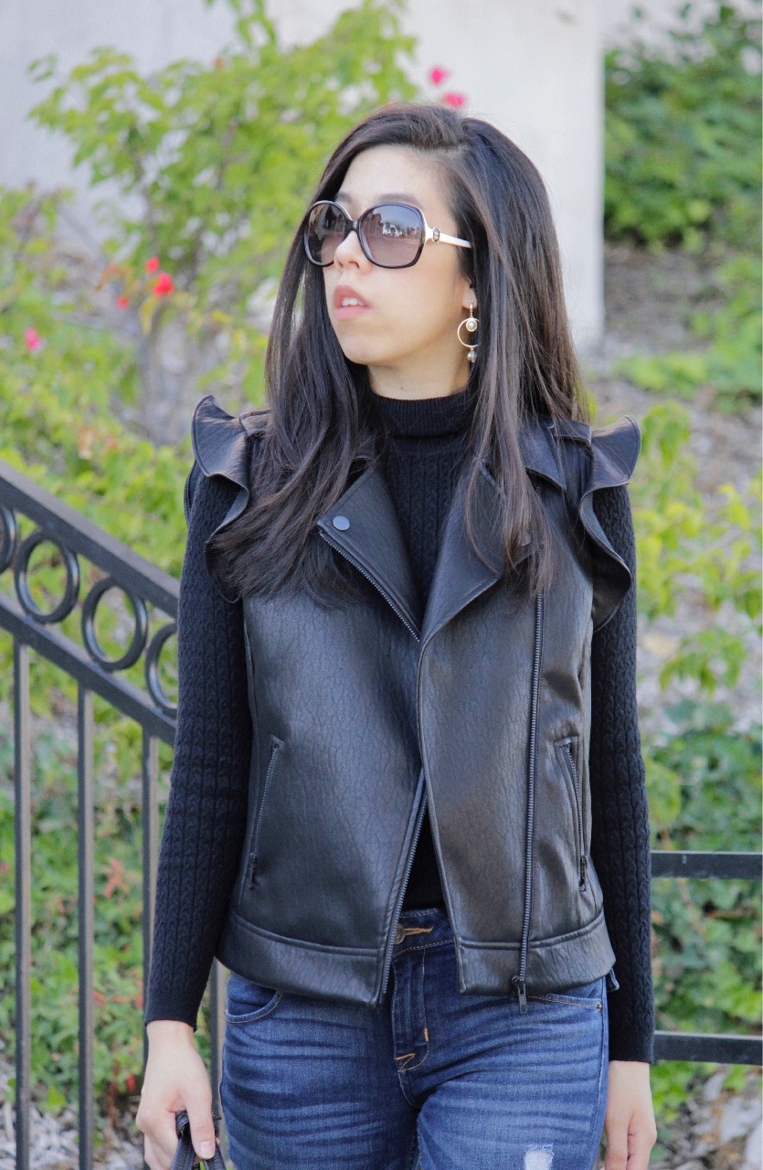 Pearl Drop Hoop Earrings with Motorcycle Jacket, Cableknit Turtleneck Sweater and Cuffed Denim Jeans with Nude Pumps - Adrienne Nguyen